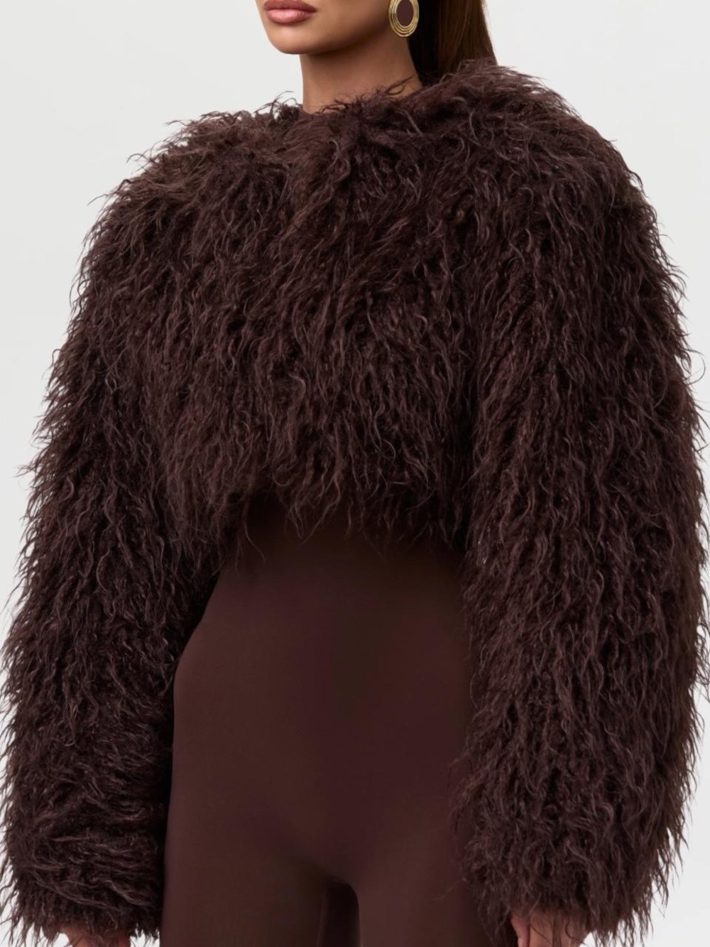 Faux Fur Cropped Jacket - Brown
